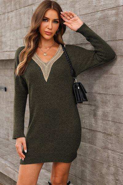 V-Neck Long Sleeve Mini Sweater Dress - Trendsi - Flyclothing LLC