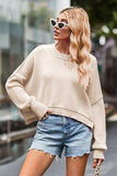 Round Neck Drop Shoulder Long Sleeve Sweater - Trendsi - Flyclothing LLC