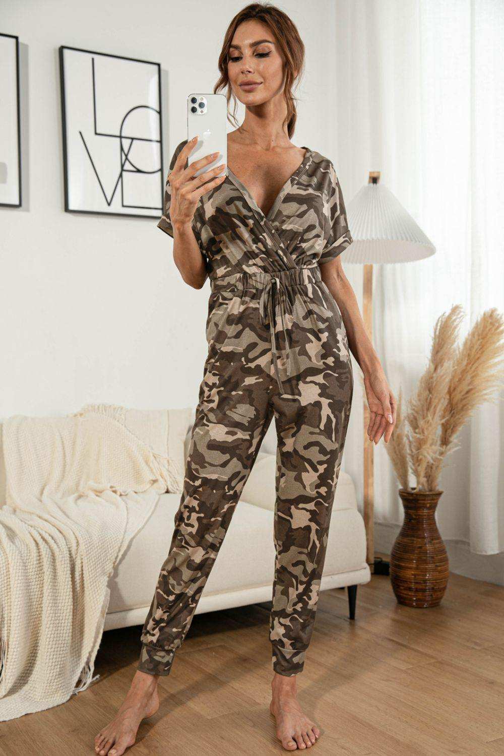 Surplice Neck Tied Short Sleeve Jumpsuit - Trendsi - Flyclothing LLC