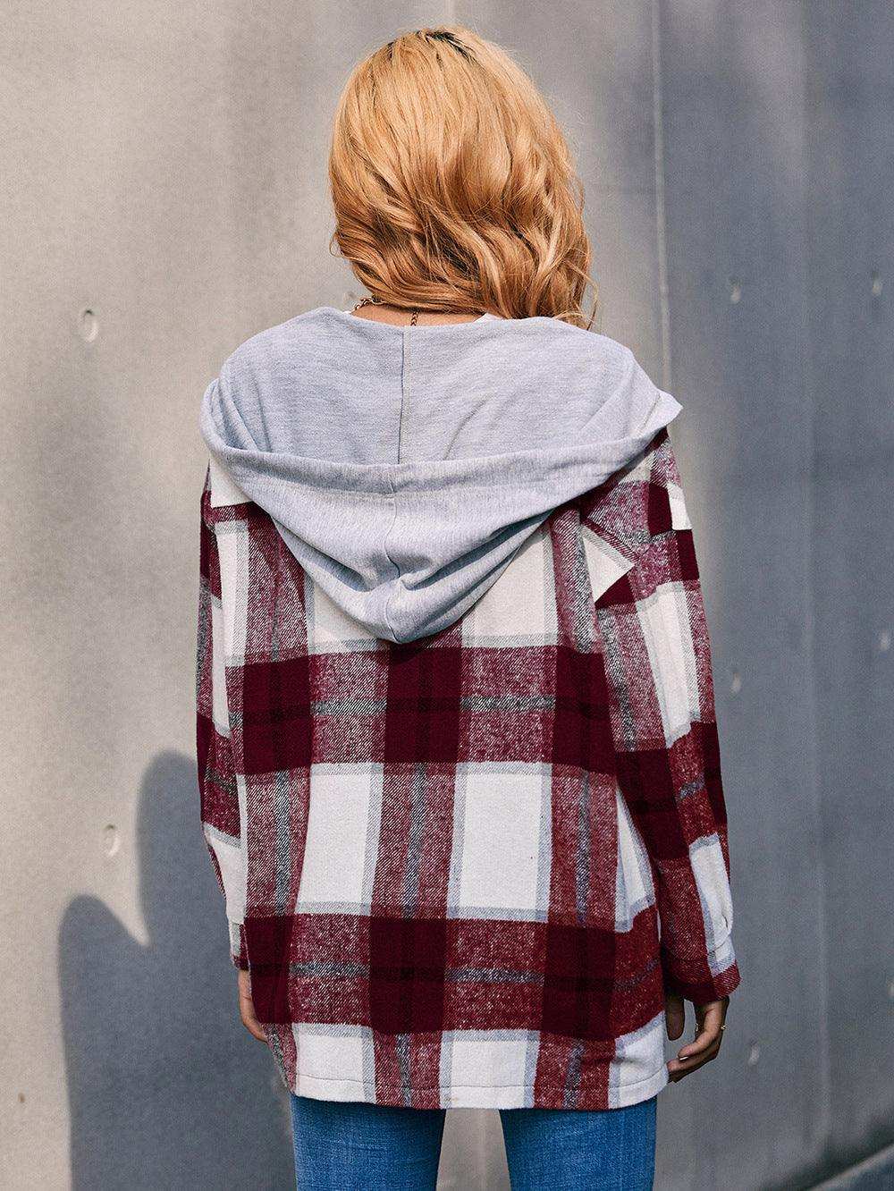 Plaid Dropped Shoulder Hooded Jacket - Trendsi - Flyclothing LLC