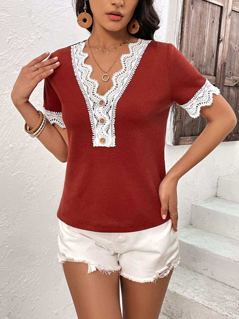 Lace Detail V-Neck Short Sleeve T-Shirt - Trendsi - Flyclothing LLC