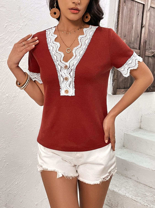 Lace Detail V-Neck Short Sleeve T-Shirt - Trendsi - Flyclothing LLC