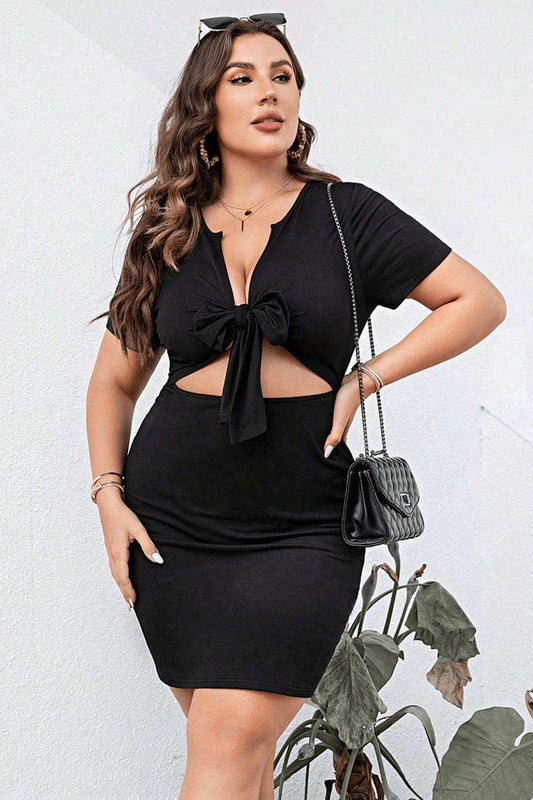 Plus Size Cutout Tie Front Short Sleeve Dress - Trendsi - Flyclothing LLC