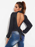 Backless Tie-Waist Turtleneck Lantern Sleeve Bodysuit - Trendsi - Flyclothing LLC