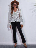 Printed V-Neck Balloon Sleeve Peplum Blouse - Trendsi - Flyclothing LLC