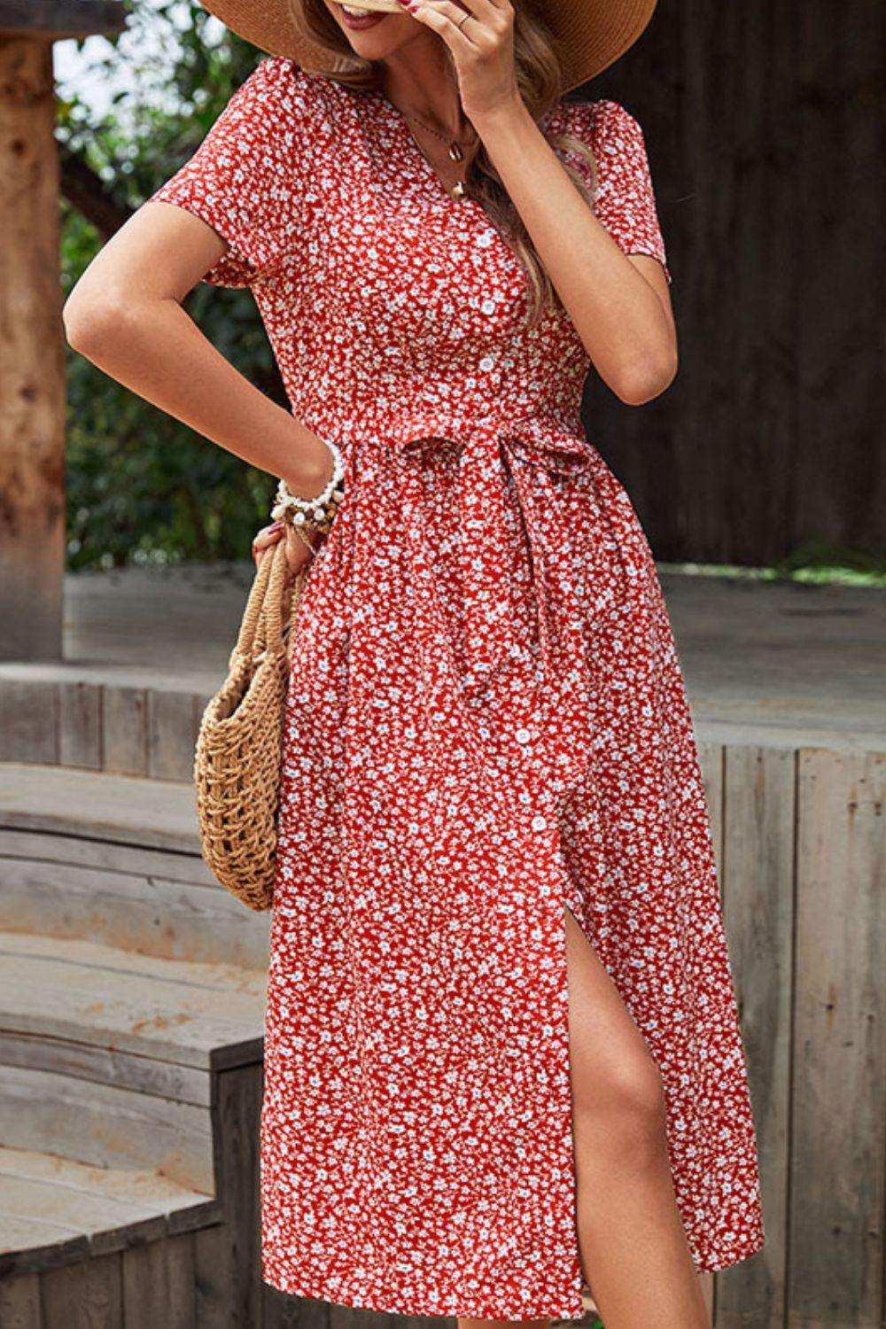 Ditsy Floral Button Front Tied Puff Sleeve Dress - Trendsi - Flyclothing LLC