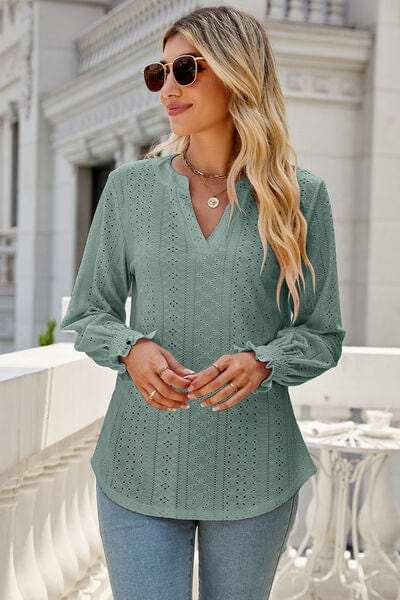 Eyelet Notched Lantern Sleeve T-Shirt - Trendsi - Flyclothing LLC