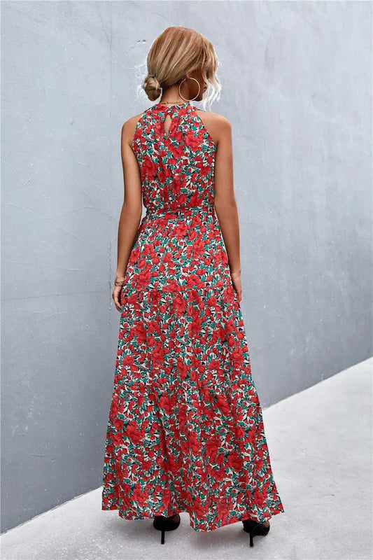 Printed Sleeveless Tie Waist Maxi Dress - Trendsi - Flyclothing LLC