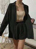 Dropped Shoulder Button Up Top and Elastic Waist Shorts Set - Trendsi - Flyclothing LLC
