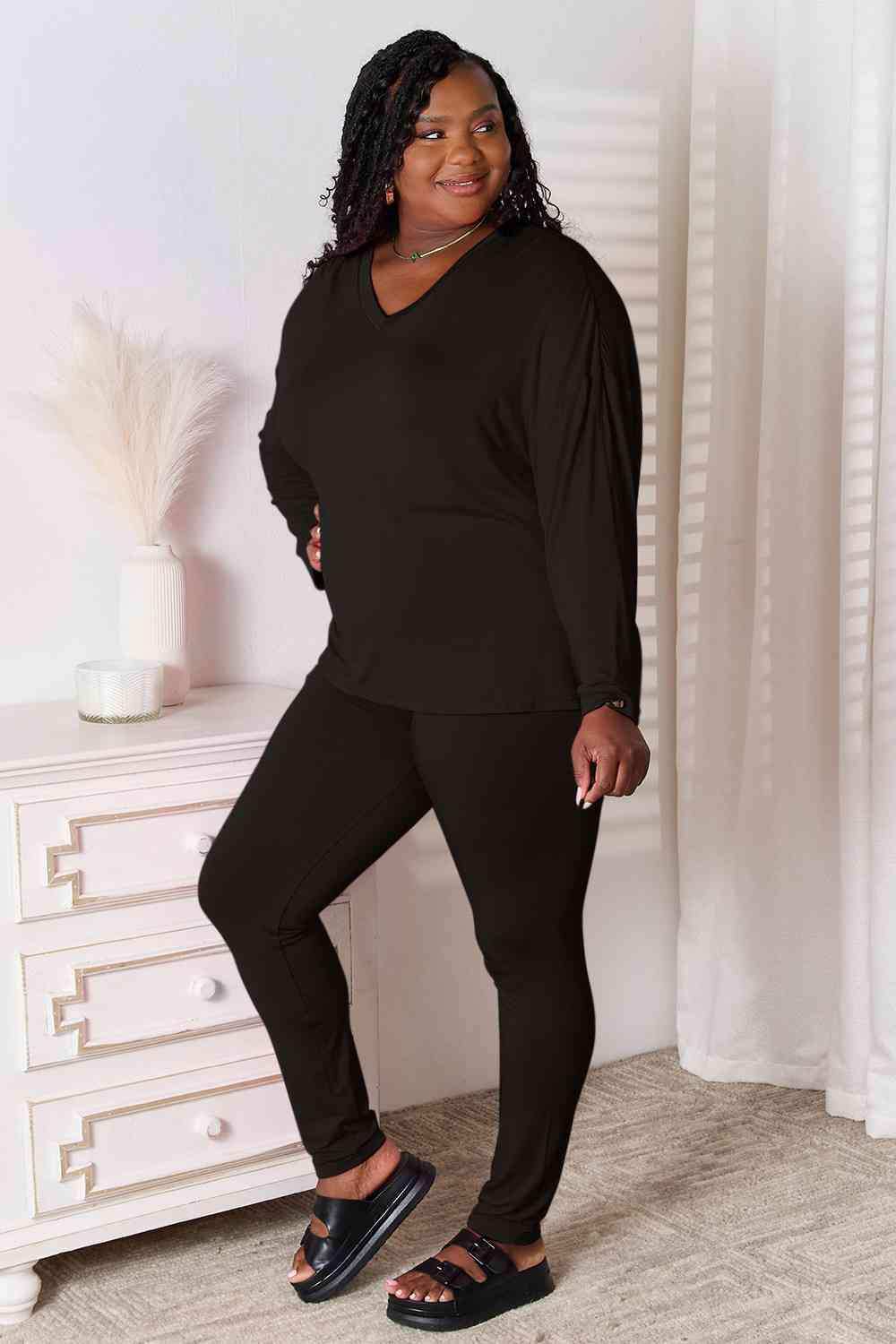 Basic Bae Full Size V-Neck Soft Rayon Long Sleeve Top and Pants Lounge Set - Trendsi - Flyclothing LLC