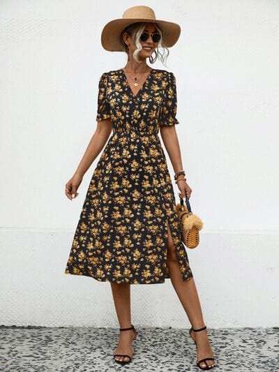 Slit Printed V-Neck Short Sleeve Dress - Trendsi - Flyclothing LLC