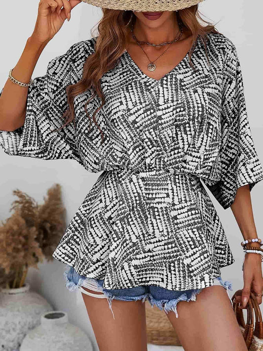 Printed V-Neck Dolman Sleeve Blouse - Trendsi - Flyclothing LLC