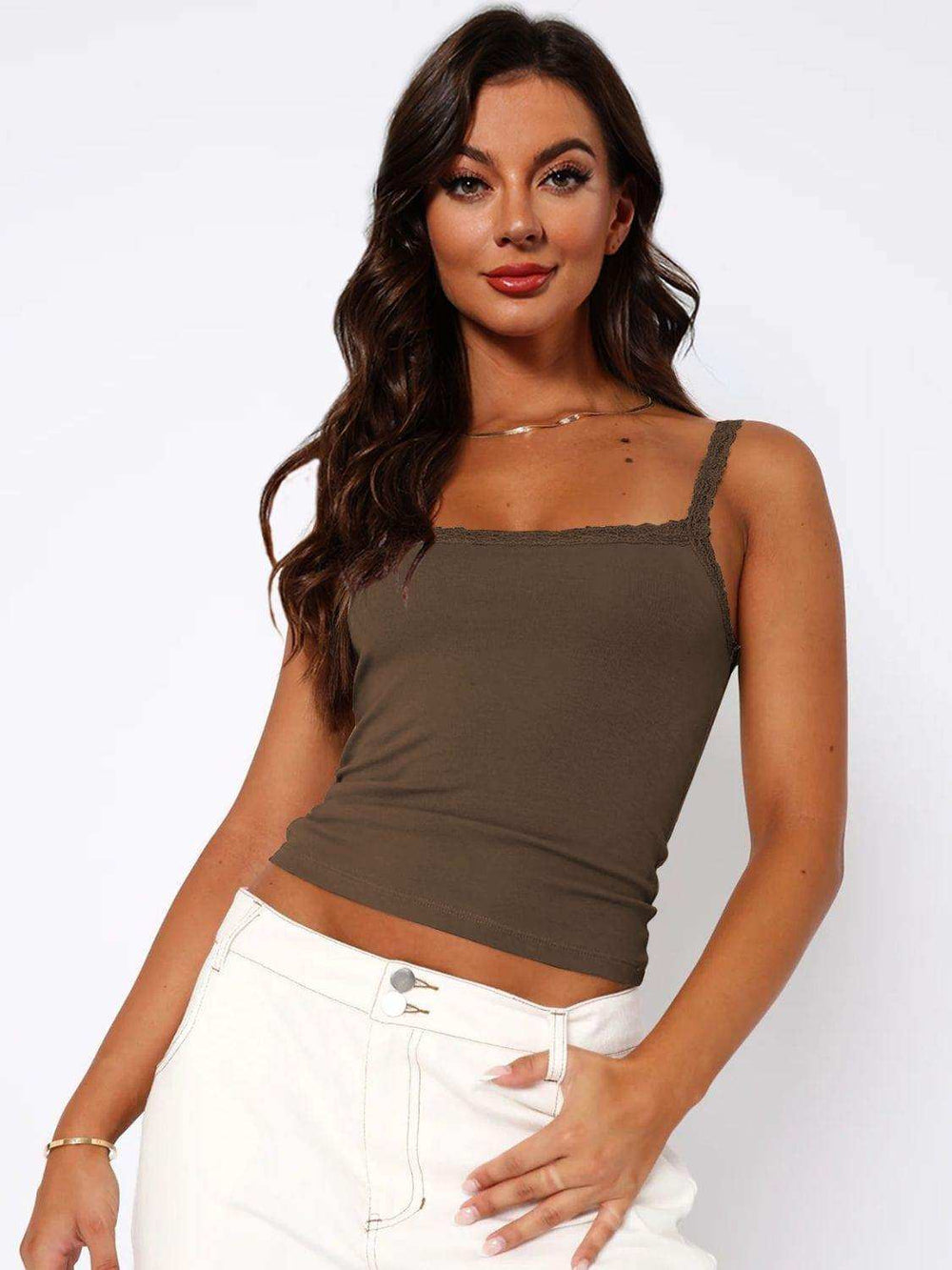 Lace Trim Straight Neck Cami - Trendsi - Flyclothing LLC