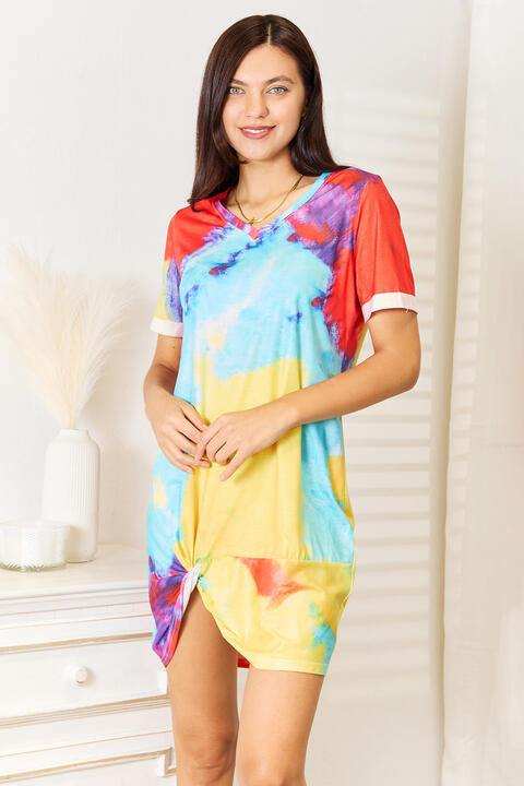 Double Take Tie-Dye V-Neck Twisted Dress - Trendsi - Flyclothing LLC
