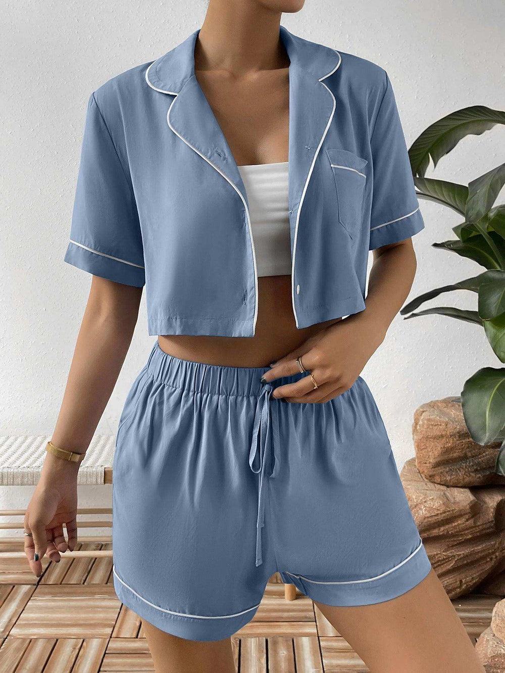 Contrast Lapel Collar Cropped Shirt and Shorts Lounge Set - Trendsi - Flyclothing LLC
