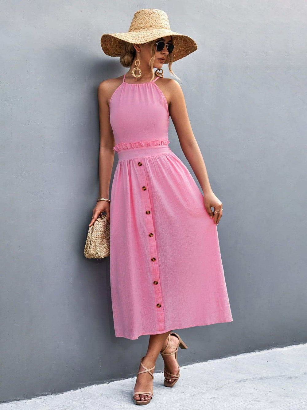 Buttoned Halter Neck Frill Trim Midi Dress - Trendsi - Flyclothing LLC