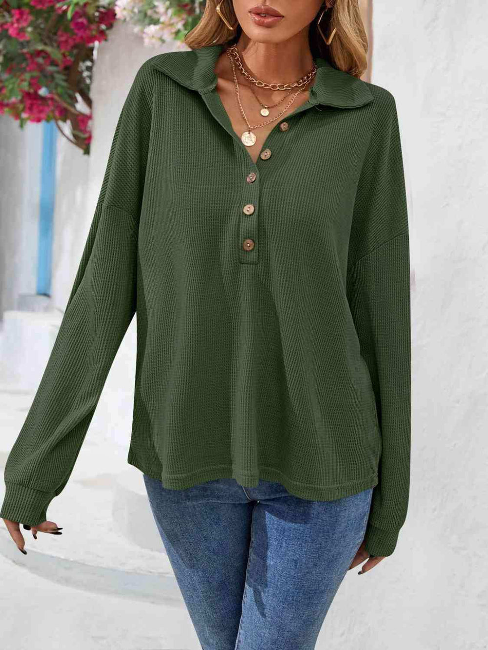 Half Button Collared Neck Long Sleeve Top - Trendsi - Flyclothing LLC