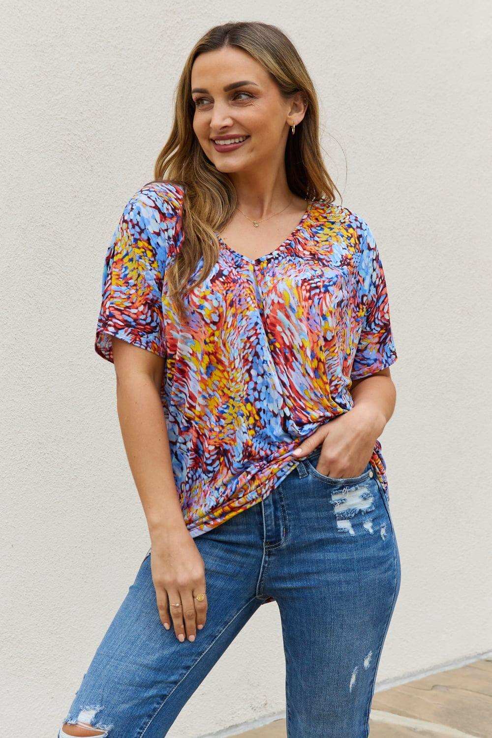 Be Stage Full Size Printed Dolman Flowy Top - Trendsi - Flyclothing LLC
