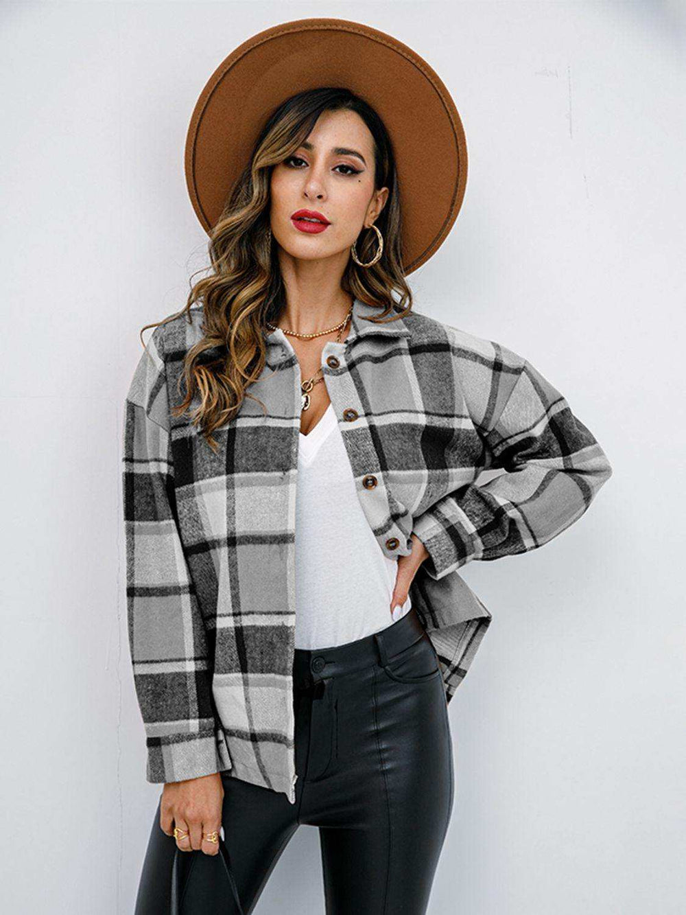 Plaid Button-Down Jacket - Trendsi - Flyclothing LLC
