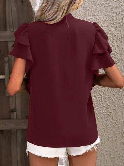 Ruffled Notched Short Sleeve Blouse - Trendsi - Flyclothing LLC