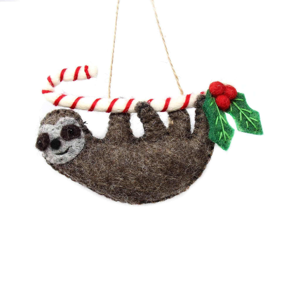 Hand Crafted Felt from Nepal: Ornament, Candy Cane Sloth - Global Groove (H) - Global Groove - Flyclothing LLC