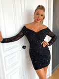 Glitter Ruched Off-Shoulder Long Sleeve Bodycon Dress - Trendsi - Flyclothing LLC