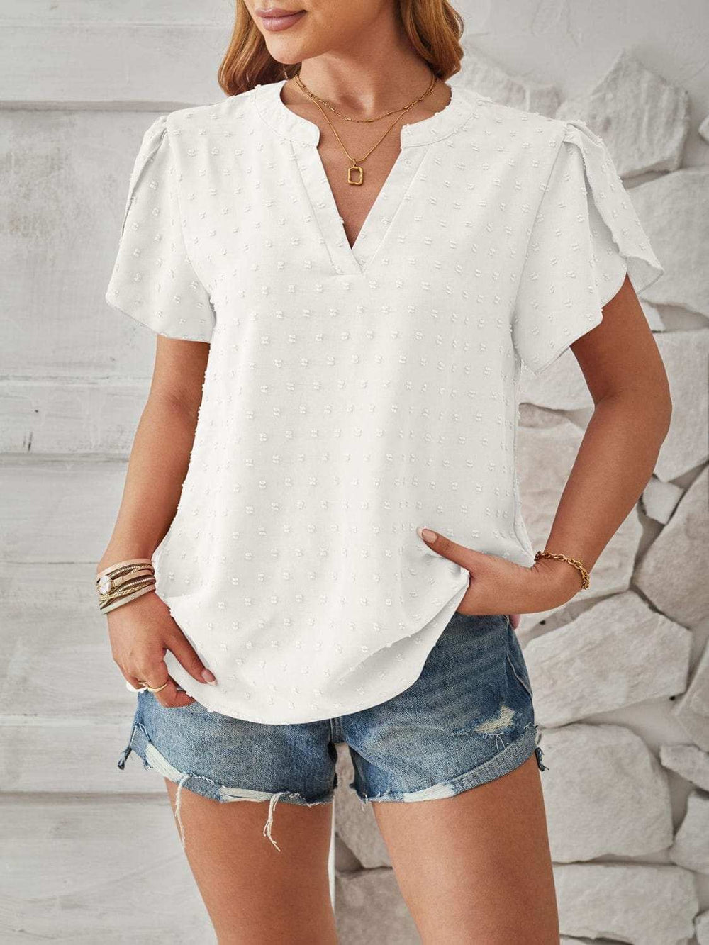 Swiss Dot Notched Petal Sleeve T-Shirt - Trendsi - Flyclothing LLC