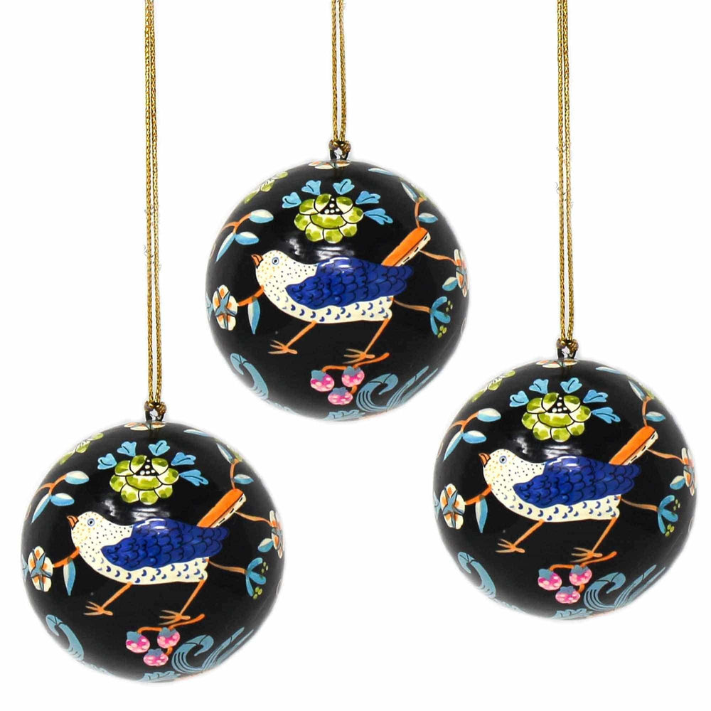 Handpainted Ornament Birds and Flowers, Black - Pack of 3 - Asha Handicrafts - Flyclothing LLC