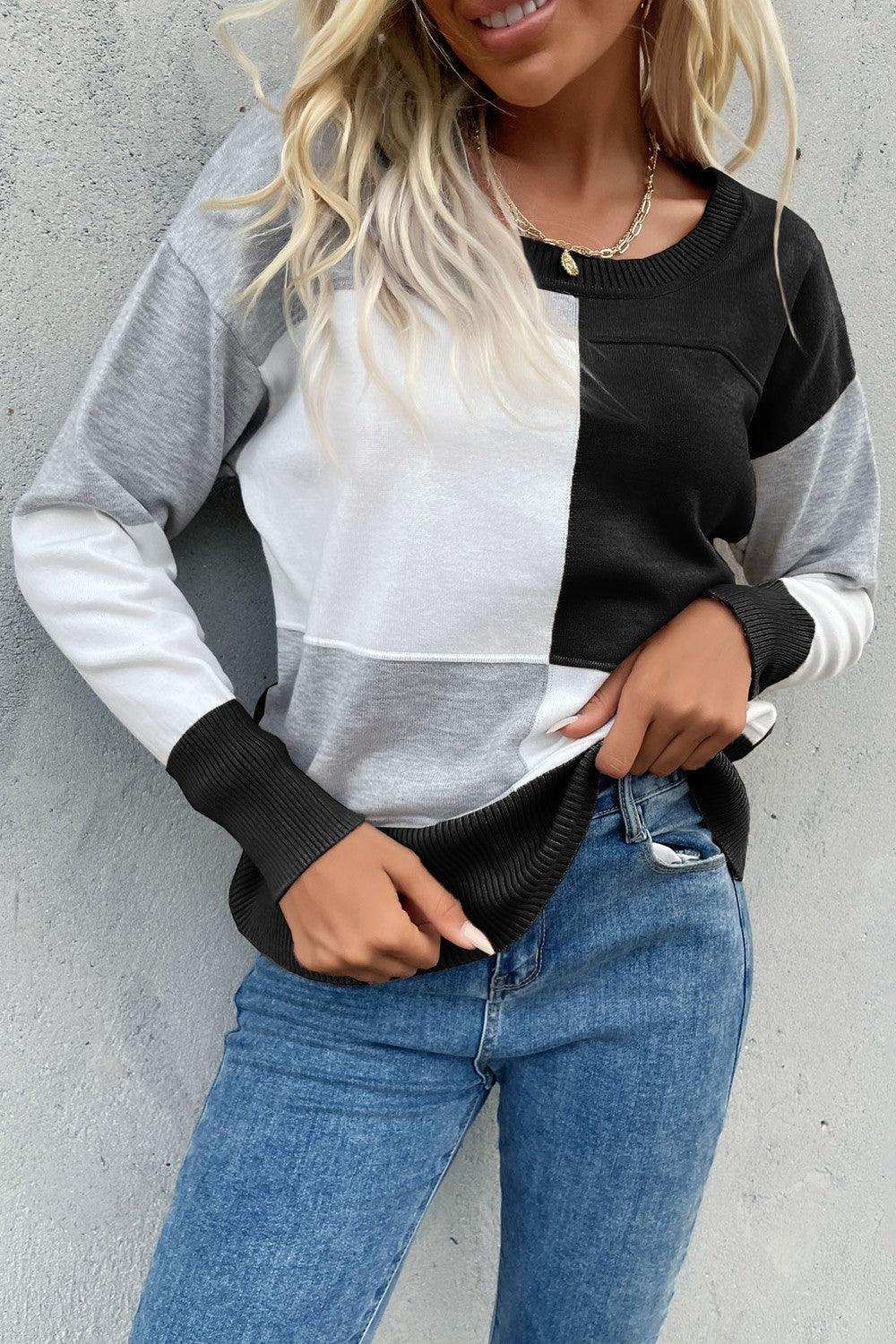 Color Block Ribbed Trim Round Neck Knit Pullover - Trendsi - Flyclothing LLC