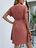 Belted Round Neck Curved Hem Dress - Trendsi - Flyclothing LLC