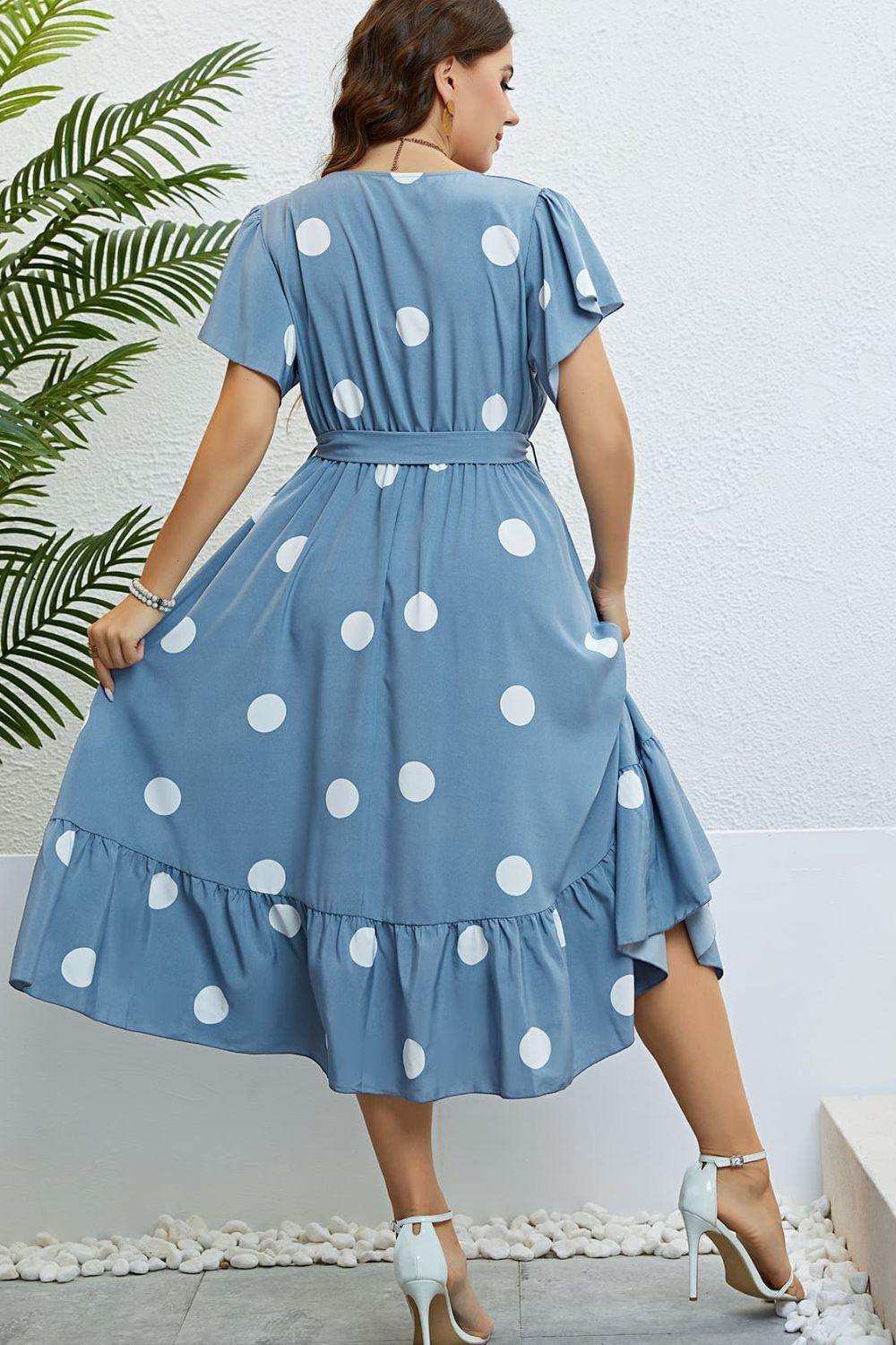 Polka Dot Belted Flutter Sleeve Ruffle Hem Dress - Trendsi - Flyclothing LLC