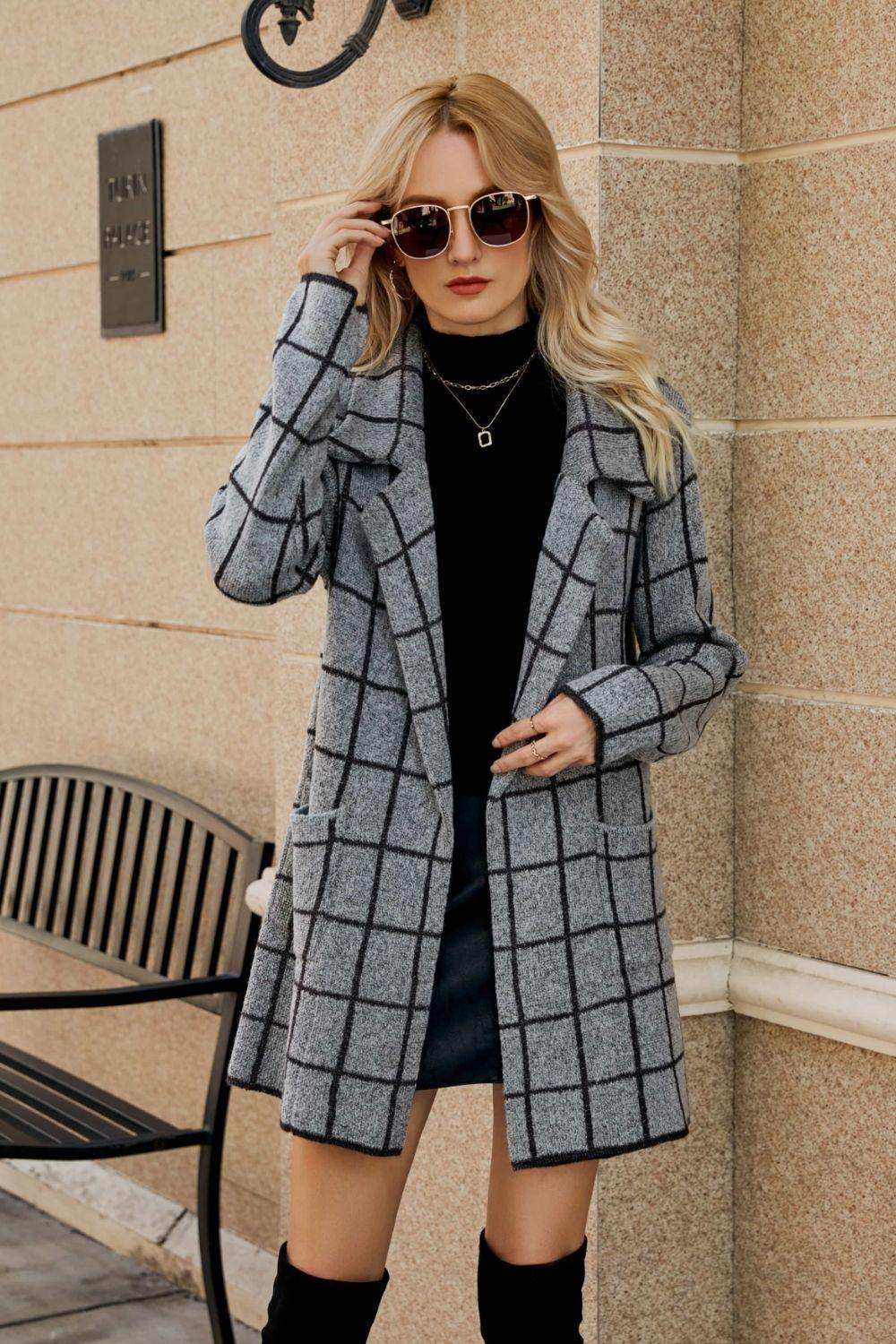 Printed Open Front Lapel Collar Cardigan with Pockets - Trendsi - Flyclothing LLC