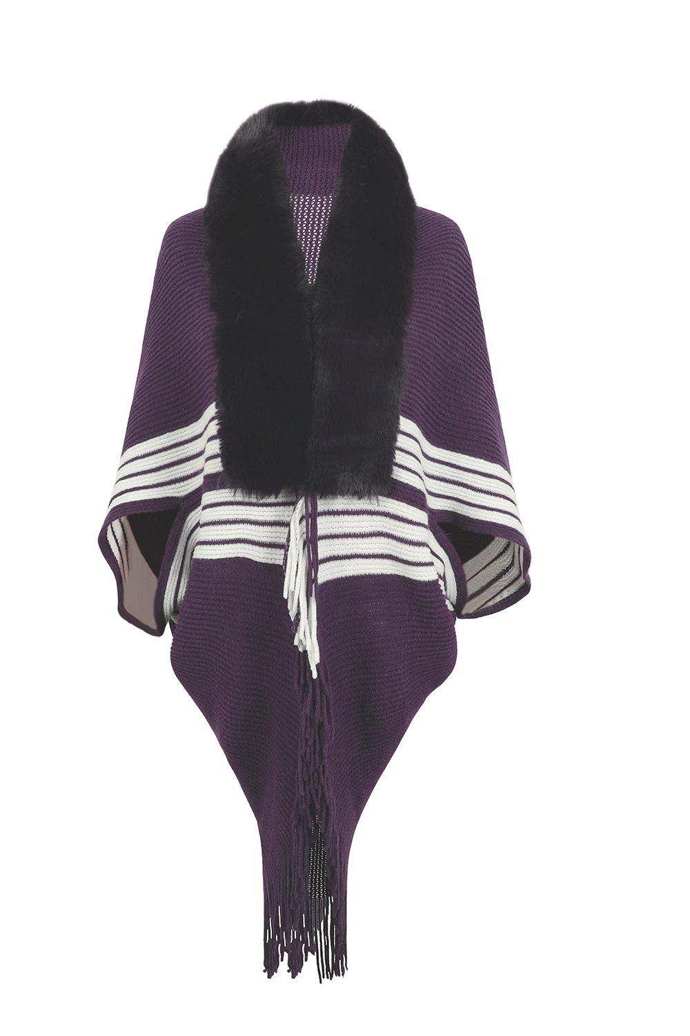 Striped Fringe Detail Long Sleeve Poncho - Trendsi - Flyclothing LLC
