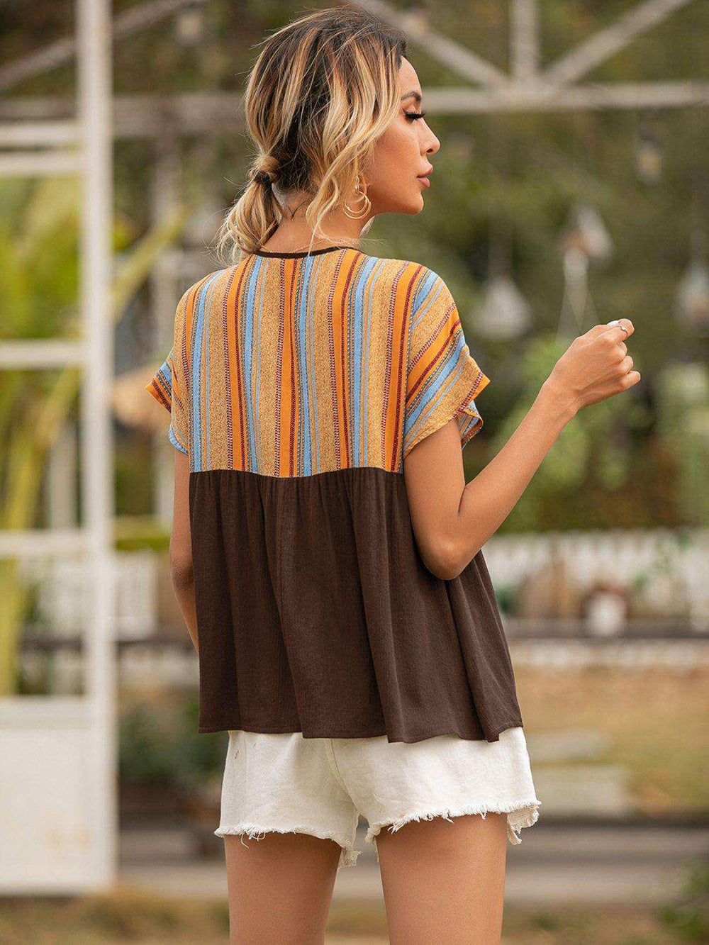 Striped Tie Neck Short Sleeve Blouse - Trendsi - Flyclothing LLC