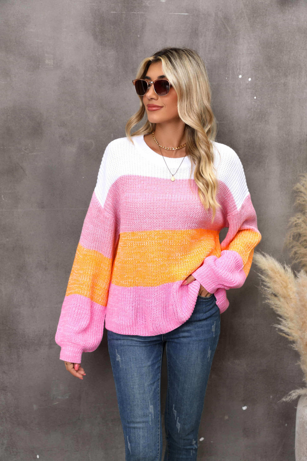Color Block Round Neck Dropped Shoulder Sweater - Trendsi - Flyclothing LLC