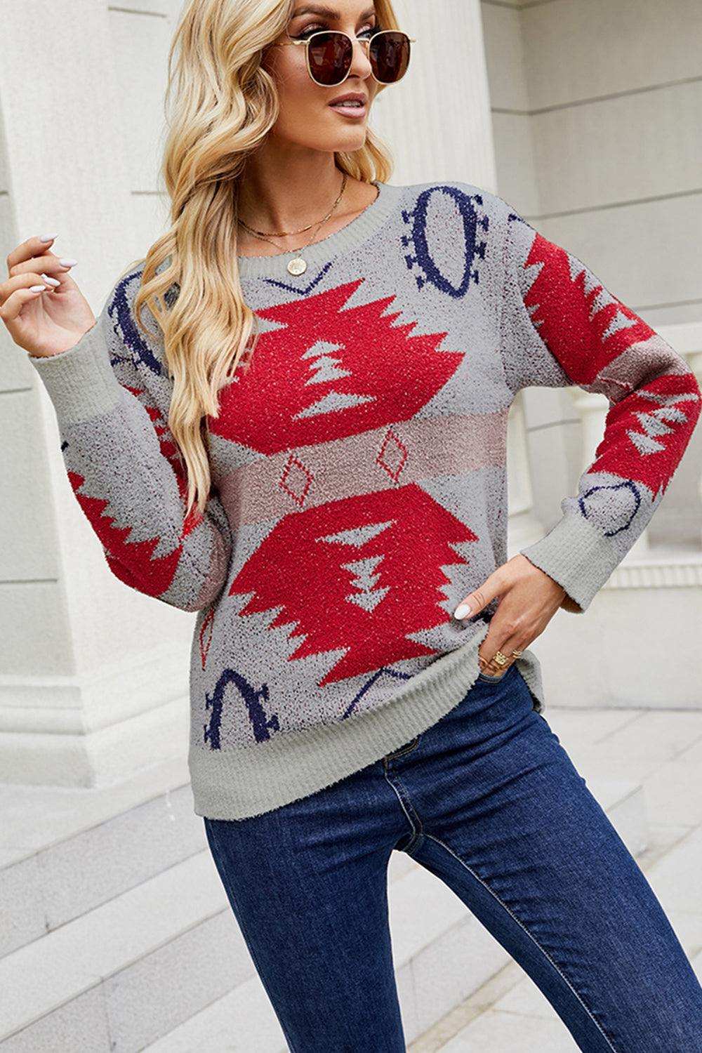 Printed Round Neck Long Sleeve Sweater - Trendsi - Flyclothing LLC