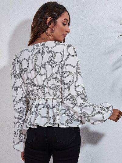 Printed V-Neck Balloon Sleeve Peplum Blouse - Trendsi - Flyclothing LLC