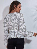 Printed V-Neck Balloon Sleeve Peplum Blouse - Trendsi - Flyclothing LLC