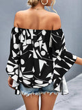 Printed Off-Shoulder Bell Sleeve Blouse - Trendsi - Flyclothing LLC