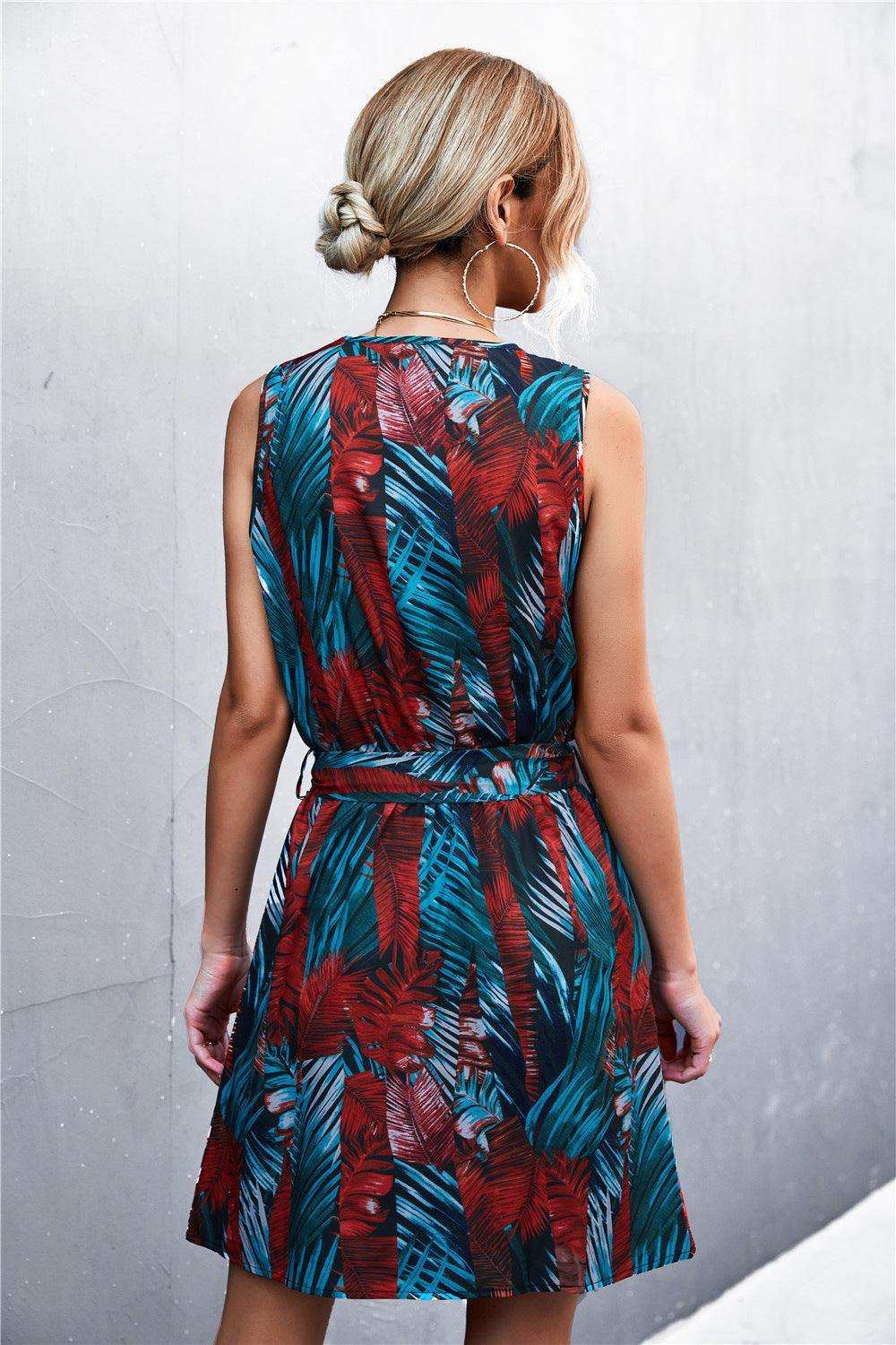 Printed Zip Detail Belted Sleeveless Dress - Trendsi - Flyclothing LLC
