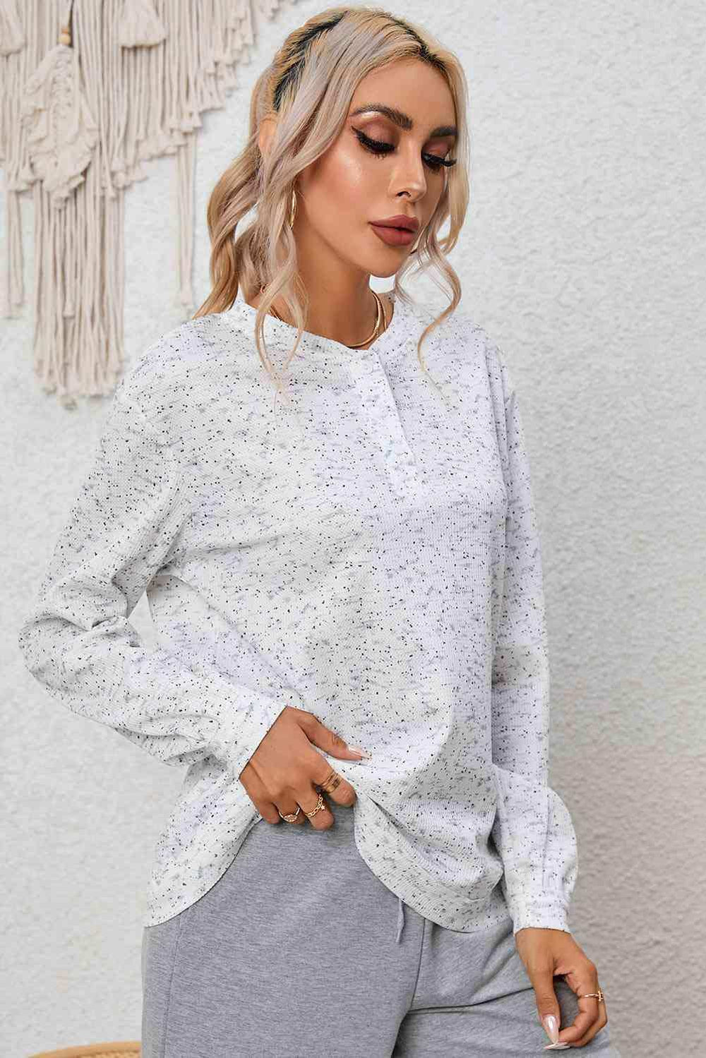 Buttoned Long Sleeve Top - Trendsi - Flyclothing LLC