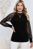 Round Neck Semi-Sheer Sleeve Blouse - Trendsi - Flyclothing LLC