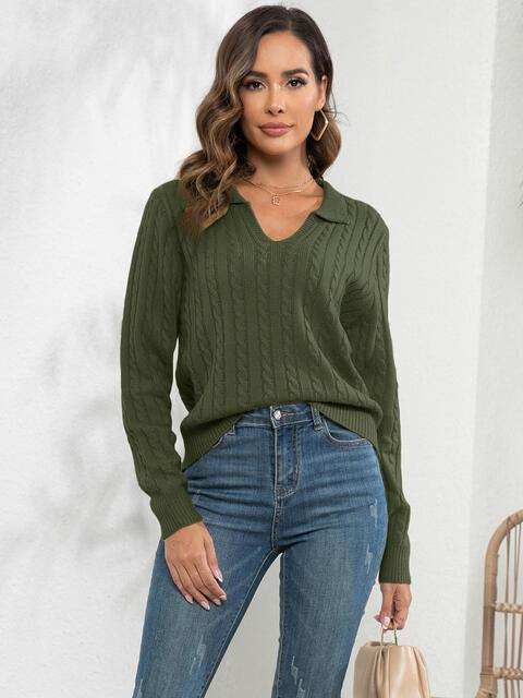Johnny Collar Cable-Knit Long Sleeve Sweater - Trendsi - Flyclothing LLC
