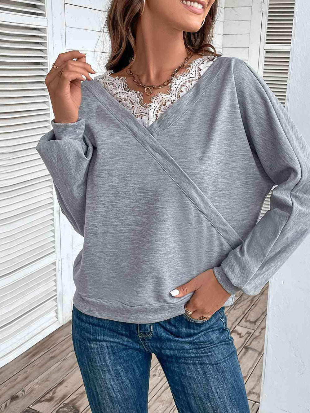 Lace Detail Long Sleeve Top - Trendsi - Flyclothing LLC