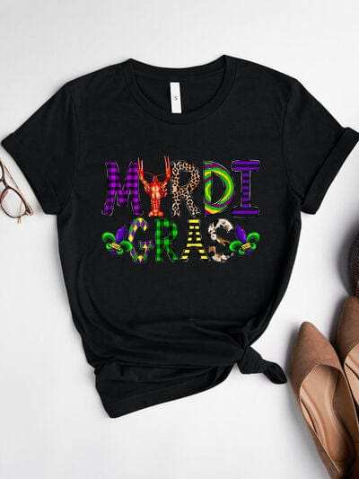 MARDI GRAS Round Neck Short Sleeve T-Shirt - Trendsi - Flyclothing LLC