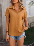 Textured Button Up Cap Sleeve Shirt - Trendsi - Flyclothing LLC