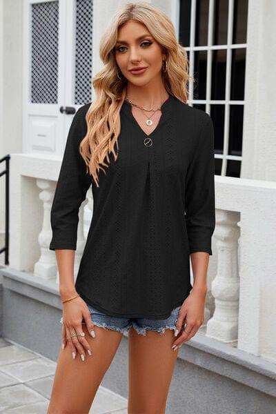 Eyelet Notched Knit Jacquard Top - Trendsi - Flyclothing LLC