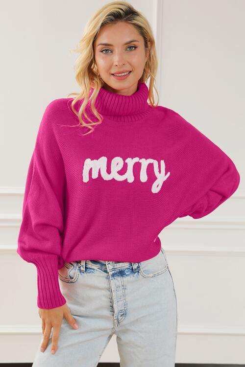 Merry Letter Embroidered High Neck Sweater - Trendsi - Flyclothing LLC