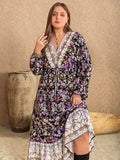 Plus Size V-Neck Balloon Sleeve Printed Midi Dress - Trendsi - Flyclothing LLC