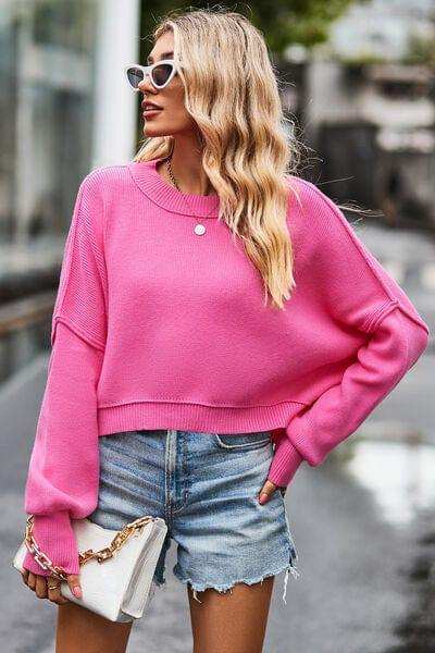 Round Neck Drop Shoulder Long Sleeve Sweater - Trendsi - Flyclothing LLC